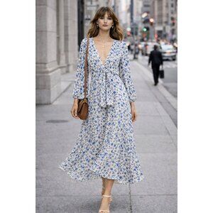 Emory Park Women’s Blue Floral Midi Dress Size L V-Neck Long Sleeve Tie Waist